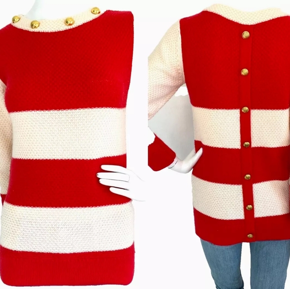 Anthropologie MADCHEN Sweater Wool Cashmere Blend Stripe Gold Buttons Red S - Picture 4 of 7